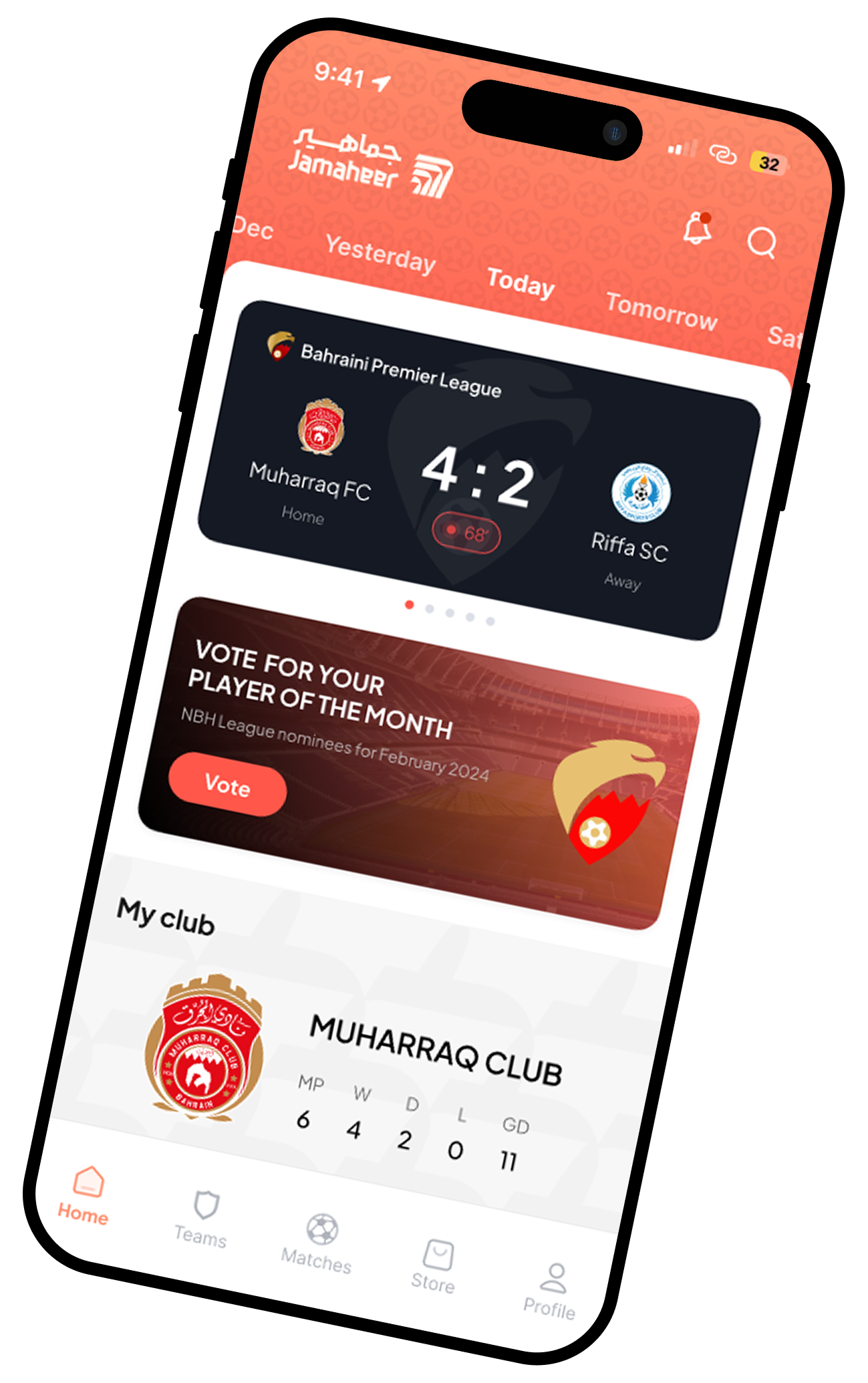 Jamaheer app showing live Bahraini Premier League updates